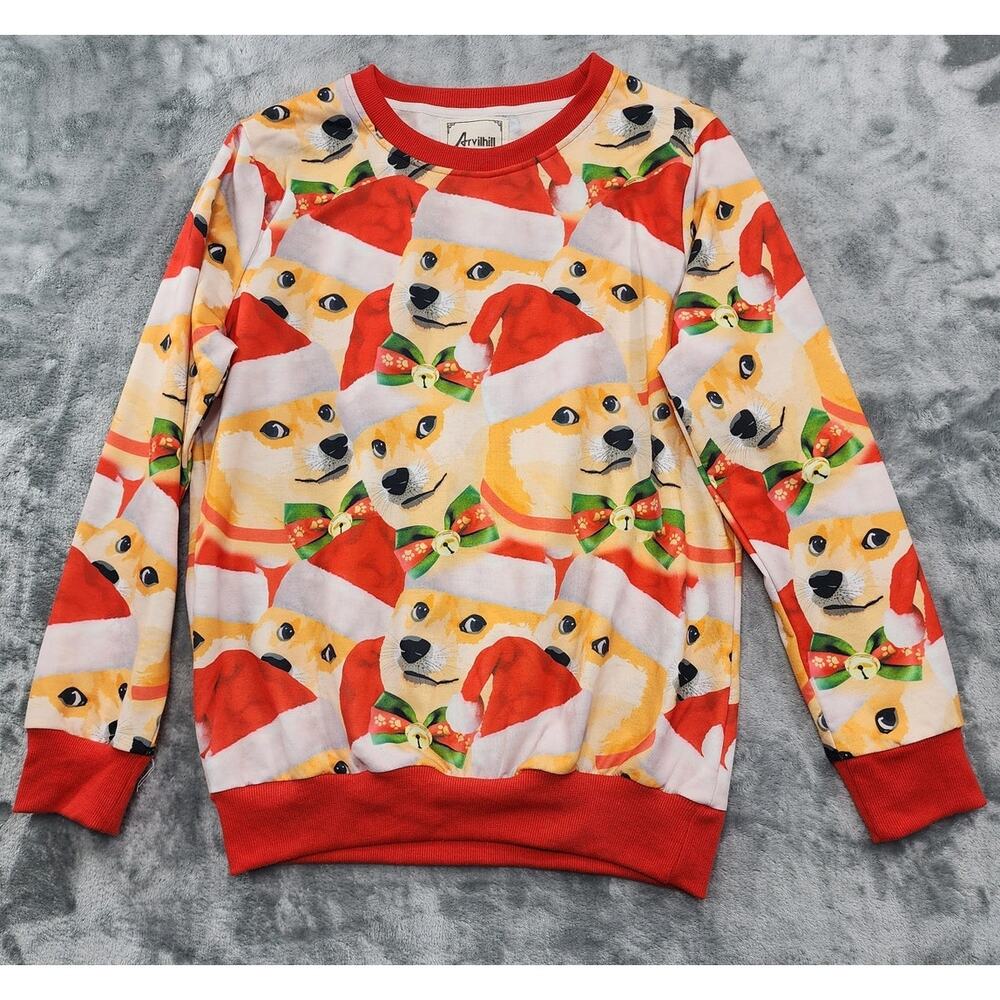 Arvilhill Sweatshirt Mens S Red All Over Christmas Santa DOGE Pullover‎ Funny